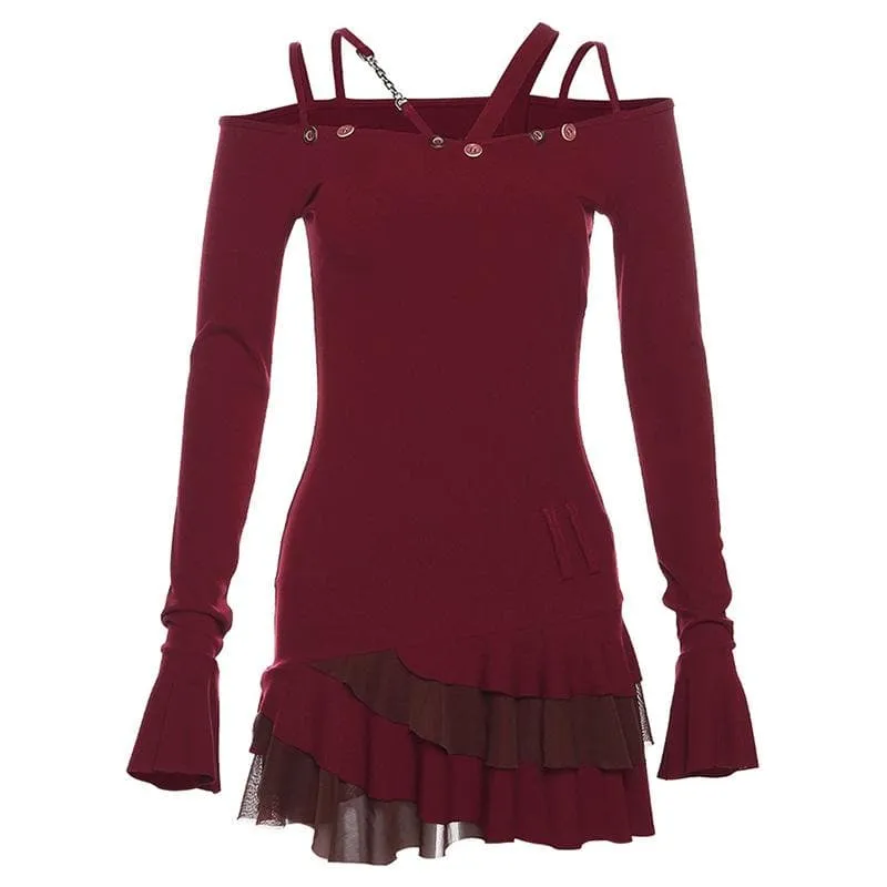 Metal chain button ruffle contrast off shoulder long sleeve mini dress  | red tango dress