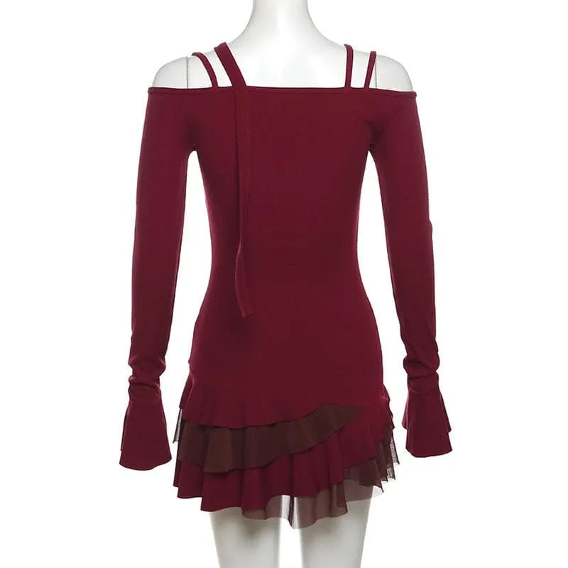 Metal chain button ruffle contrast off shoulder long sleeve mini dress  | red tango dress