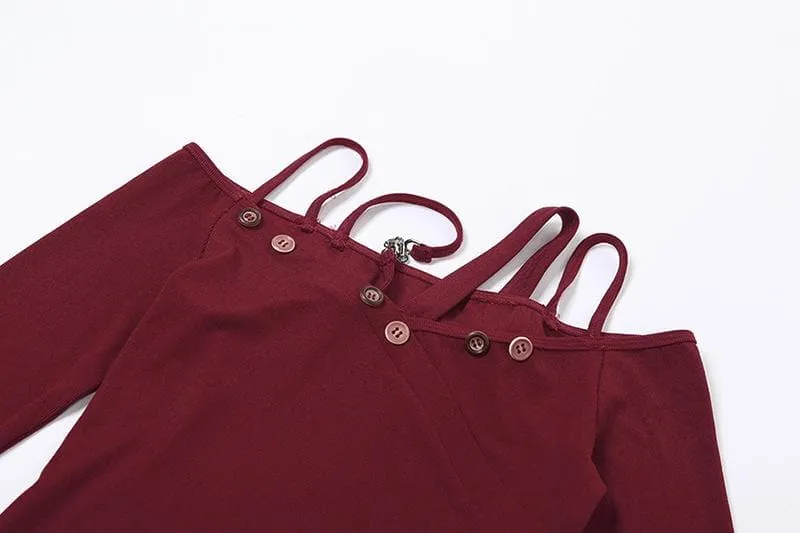 Metal chain button ruffle contrast off shoulder long sleeve mini dress  | red tango dress