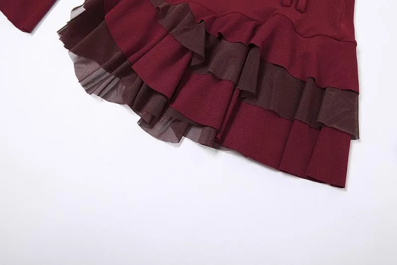 Metal chain button ruffle contrast off shoulder long sleeve mini dress  | red tango dress