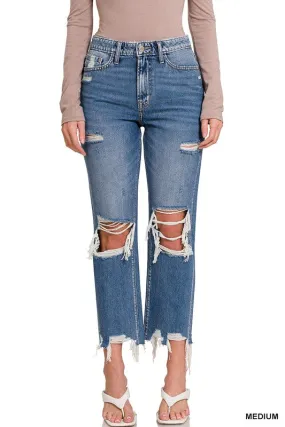 Michaela Distressed Straight Cropped Capri Jeans by Zenana