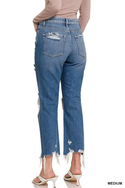 Michaela Distressed Straight Cropped Capri Jeans by Zenana