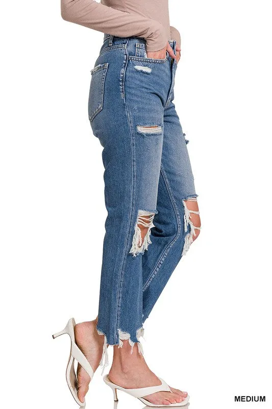 Michaela Distressed Straight Cropped Capri Jeans by Zenana