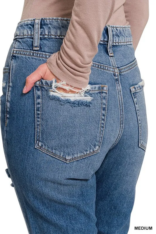 Michaela Distressed Straight Cropped Capri Jeans by Zenana