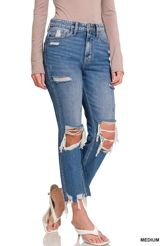 Michaela Distressed Straight Cropped Capri Jeans by Zenana
