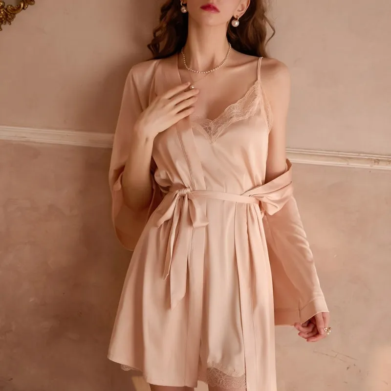 Minimalist Pink Black Lace Silky Bridal Lingerie Set S-6XL Night Dress and Robe