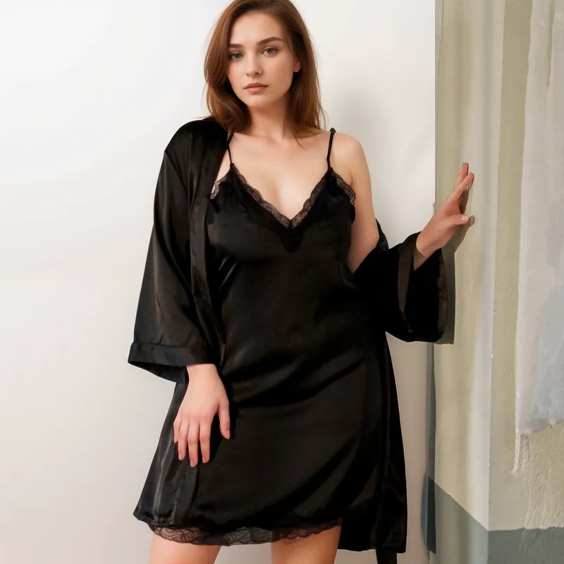 Minimalist Pink Black Lace Silky Bridal Lingerie Set S-6XL Night Dress and Robe