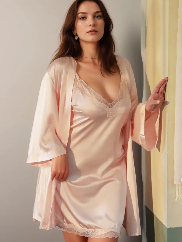 Minimalist Pink Black Lace Silky Bridal Lingerie Set S-6XL Night Dress and Robe