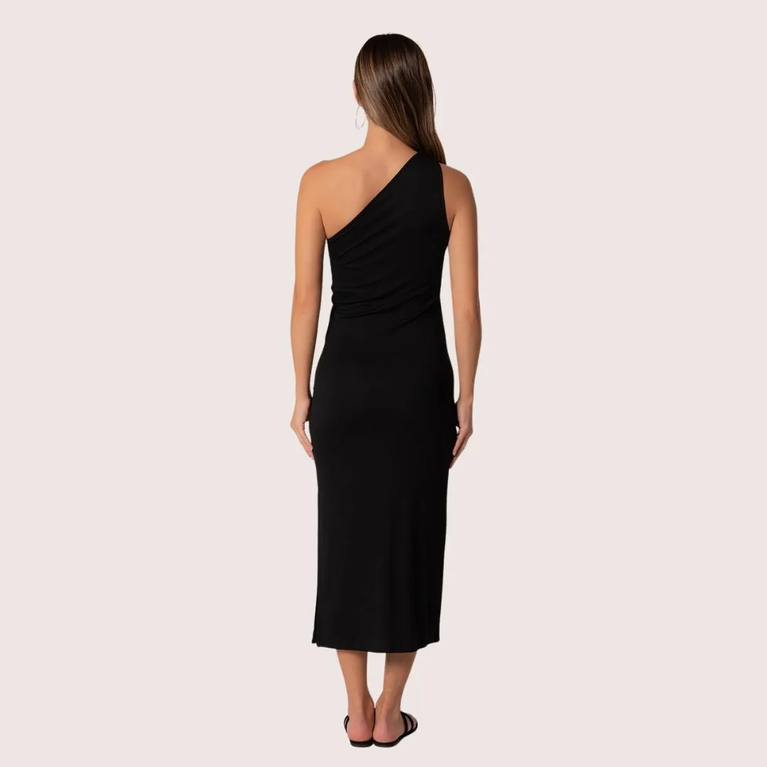 Myra One Shoulder Midi Dress (Black)