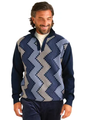 Navy Blue Men's Inserch Zig-Zag Design Half Zip Sweater Style No: SW613