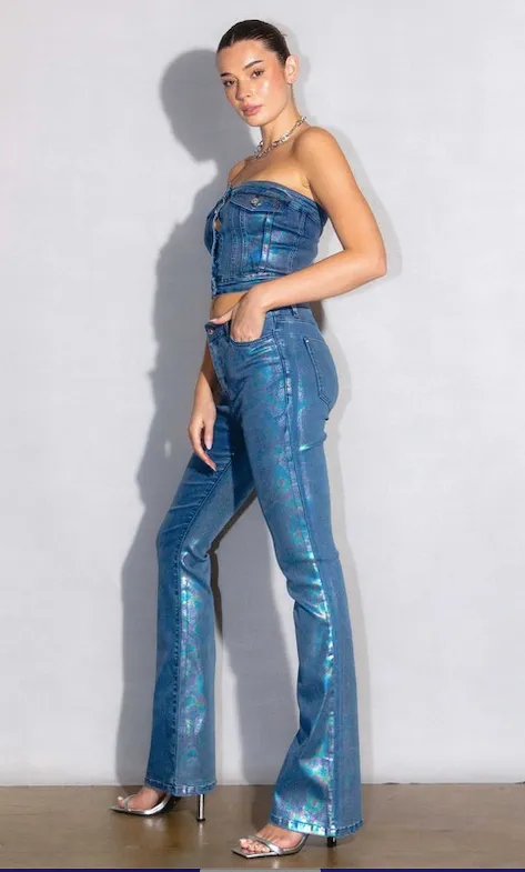OCEAN BLUE METALLIC BOOTCUT JEANS