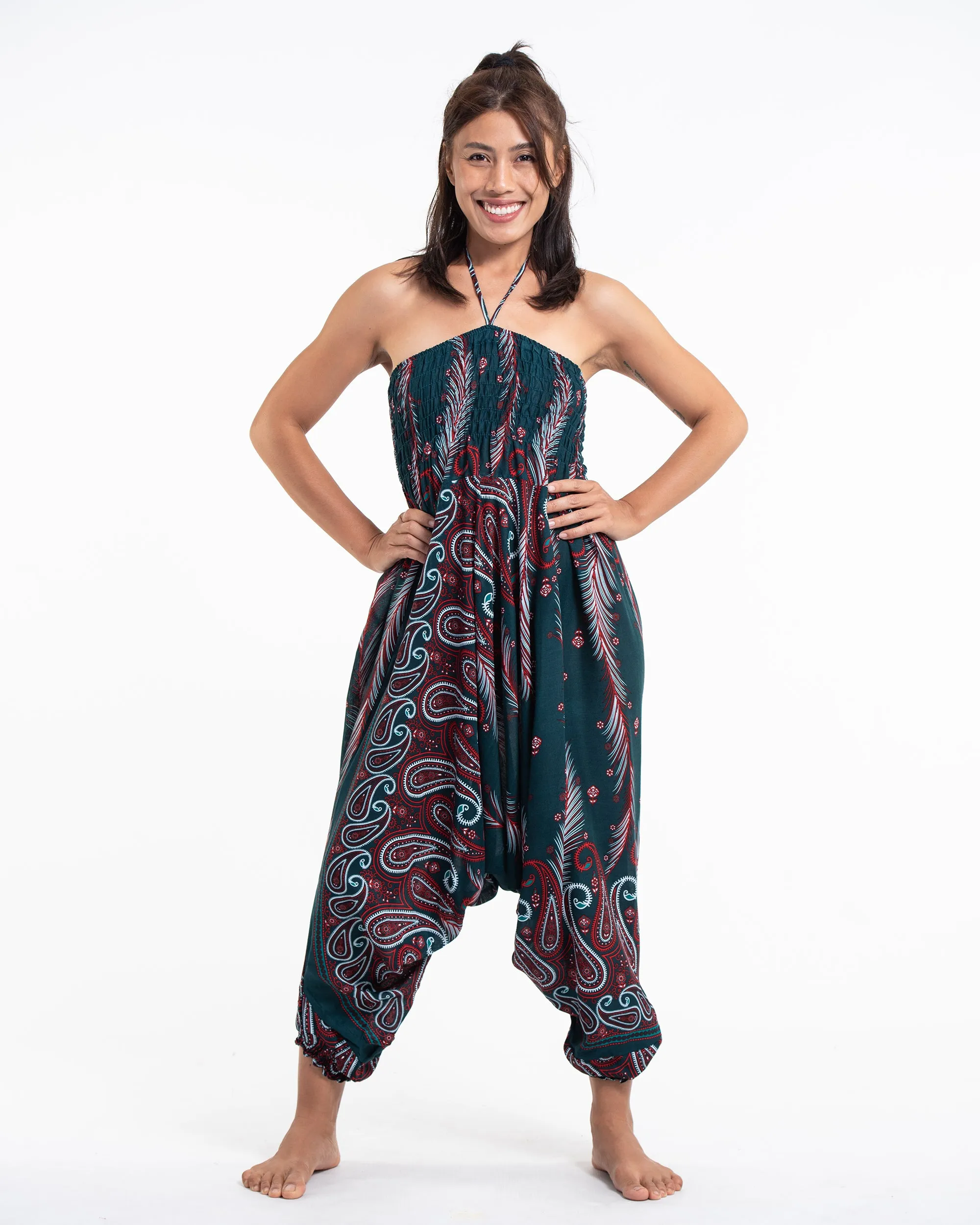 Paisley Feathers 2-in-1 Jumpsuit Harem Pants in Green