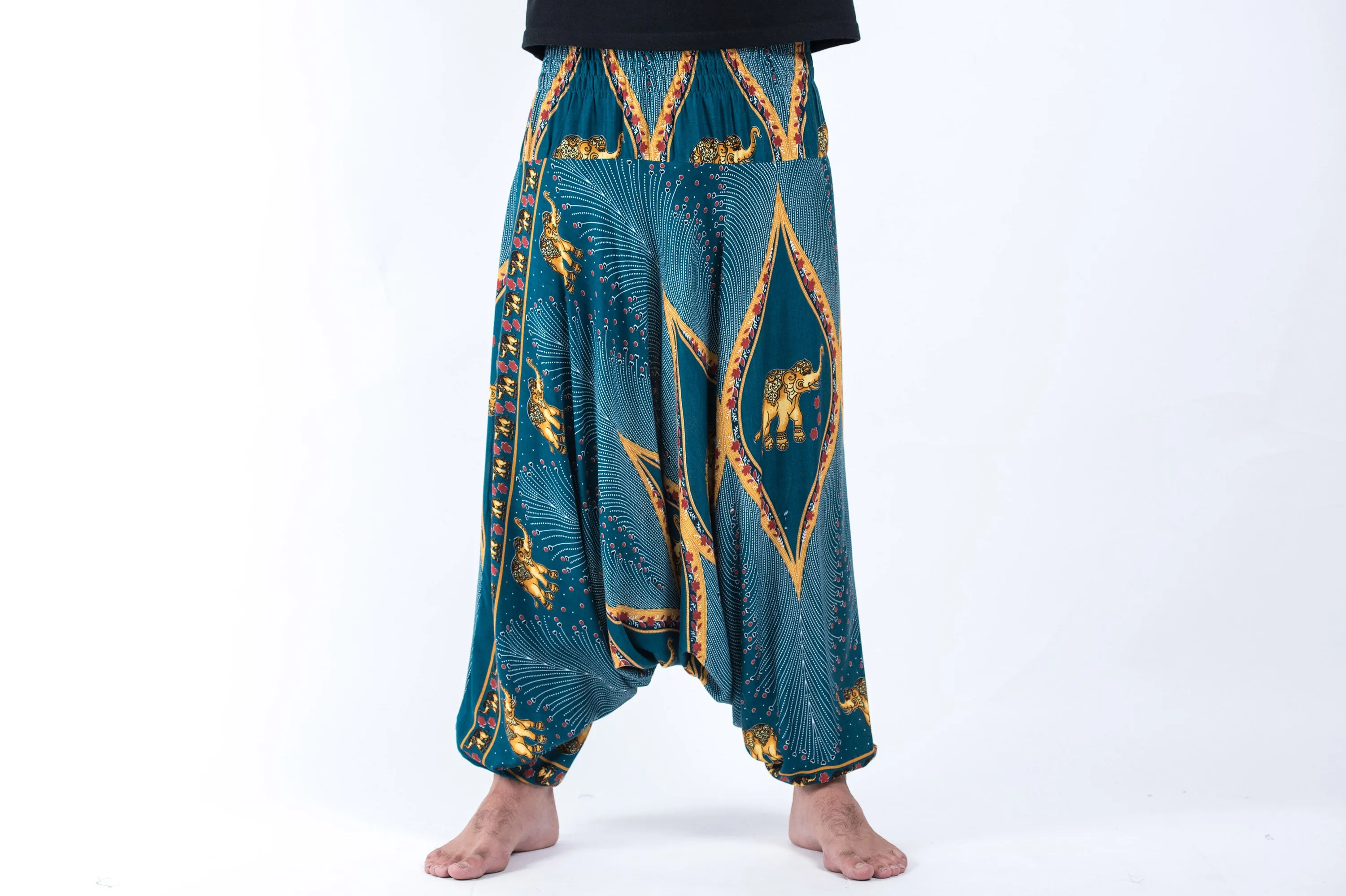 Peacock Elephant Drop Crotch Men's Elephant Pants in Turquoise