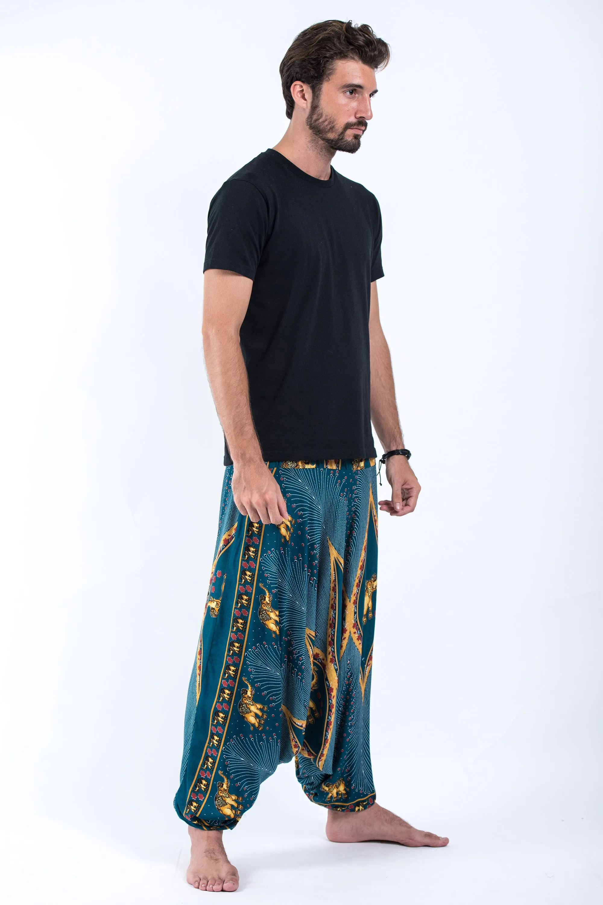 Peacock Elephant Drop Crotch Men's Elephant Pants in Turquoise