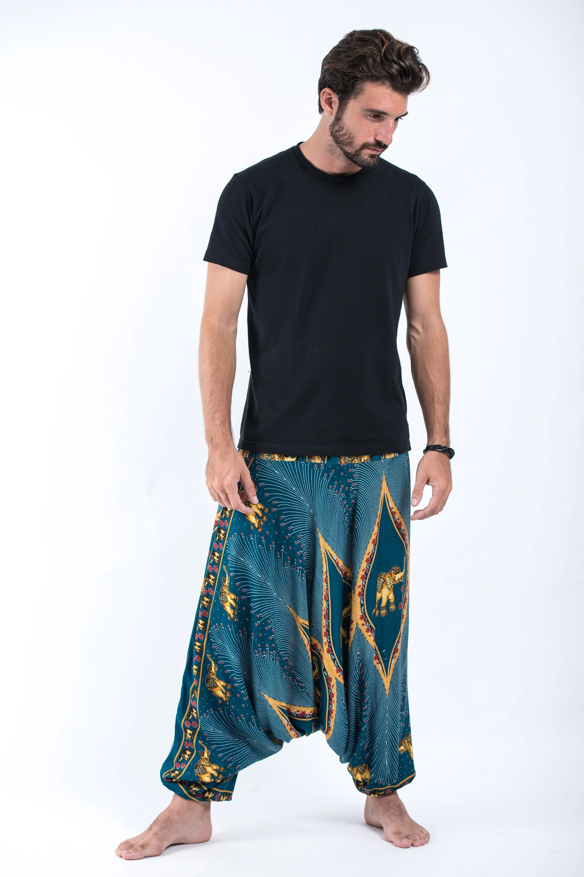 Peacock Elephant Drop Crotch Men's Elephant Pants in Turquoise