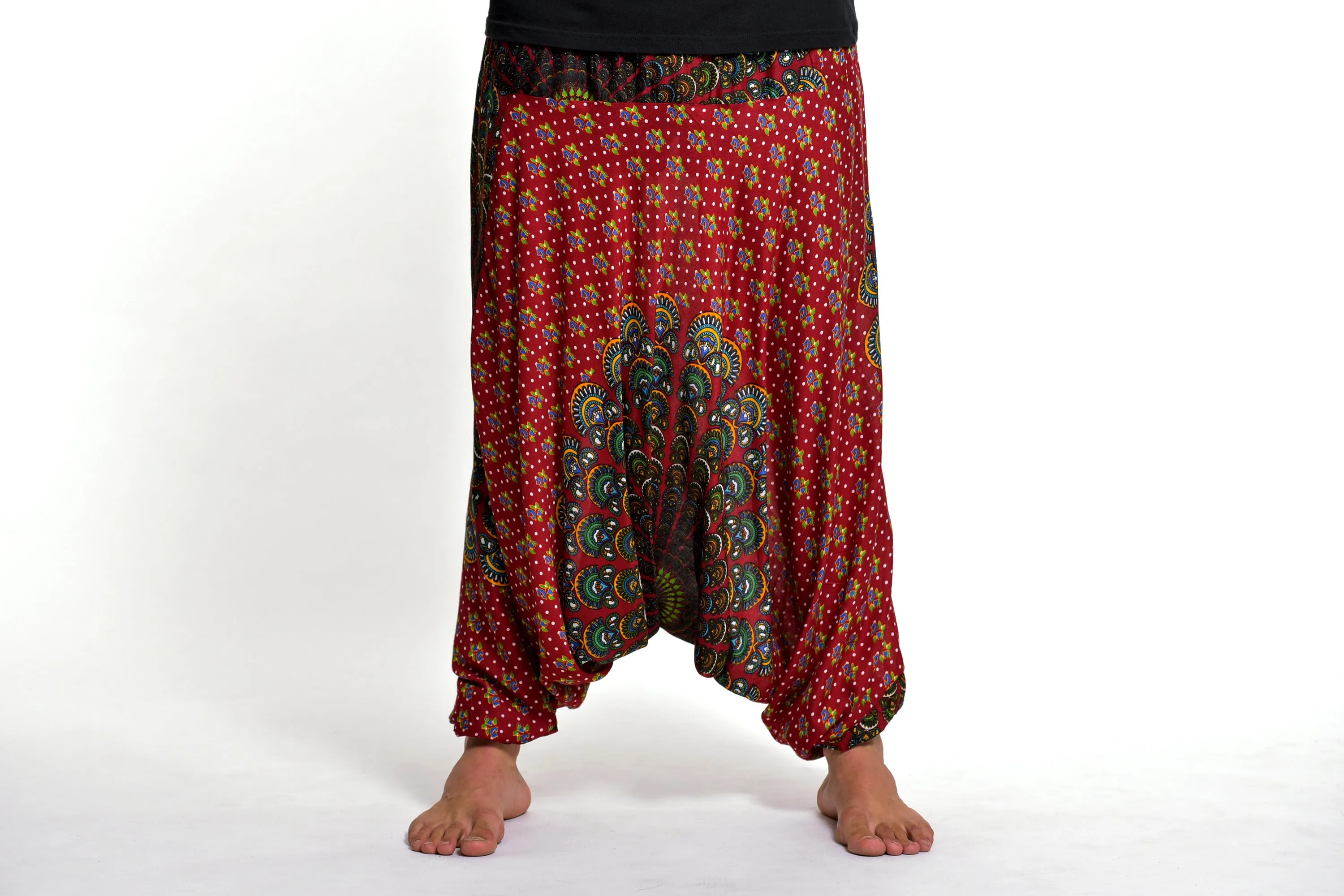 Peacock Mandalas Drop Crotch Men's Harem Pants in Red