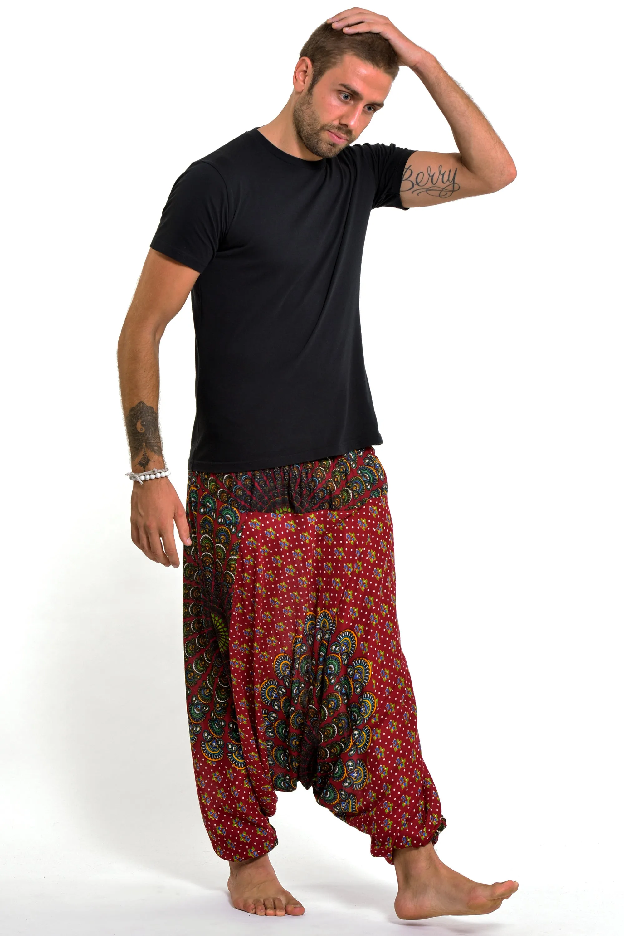 Peacock Mandalas Drop Crotch Men's Harem Pants in Red