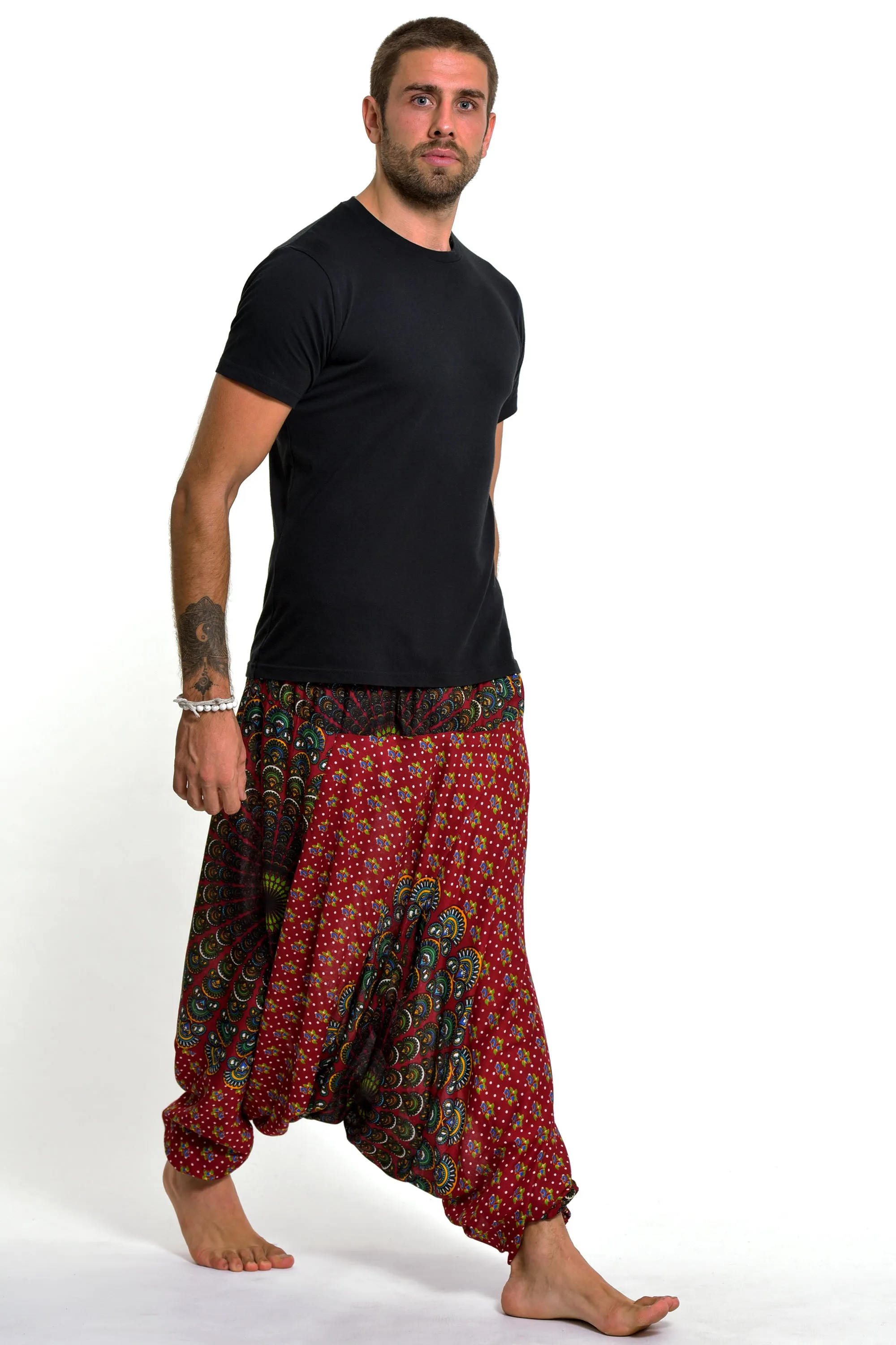Peacock Mandalas Drop Crotch Men's Harem Pants in Red