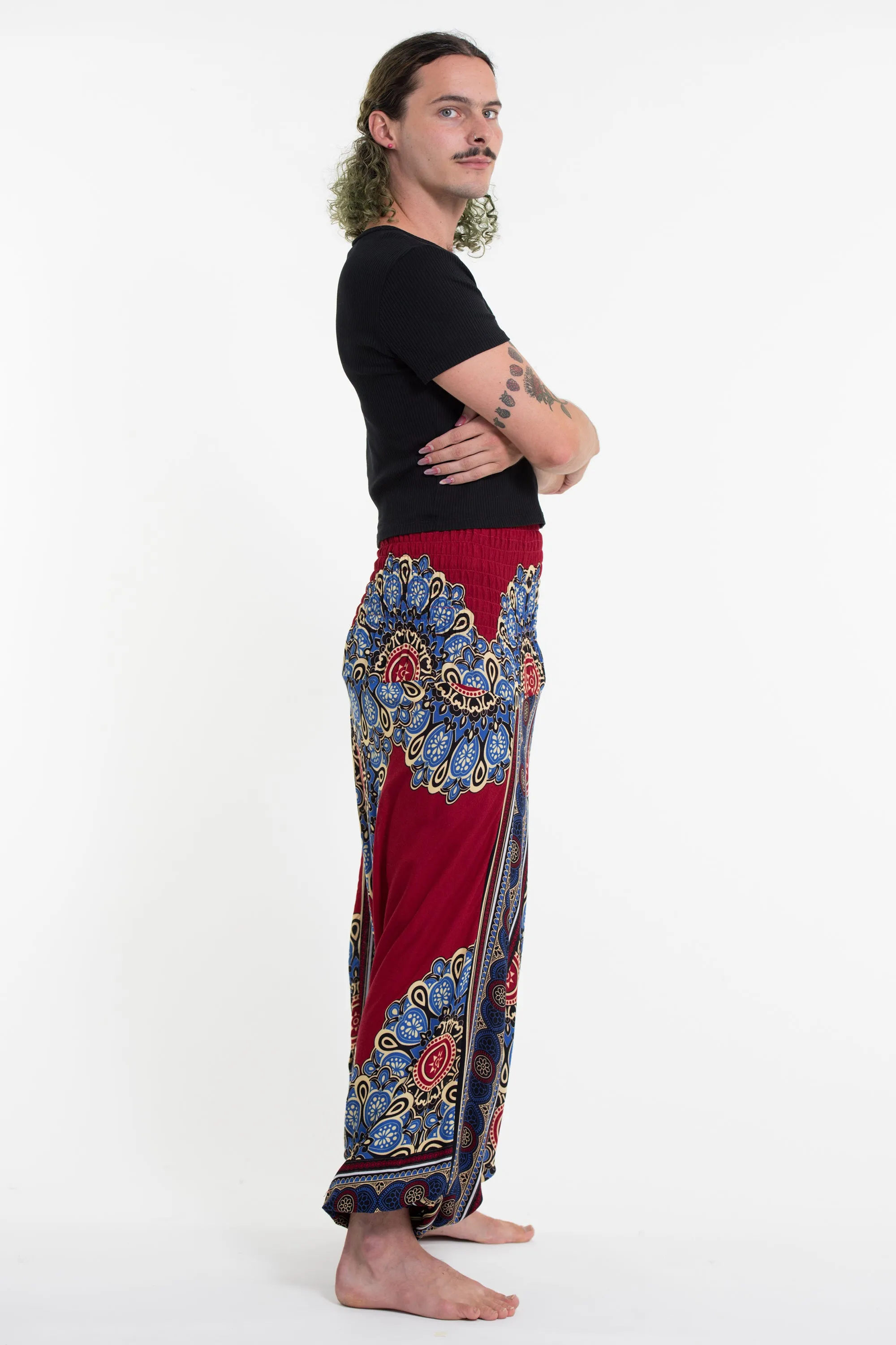 Peony Mandalas Drop Crotch Men's Harem Pants in Red