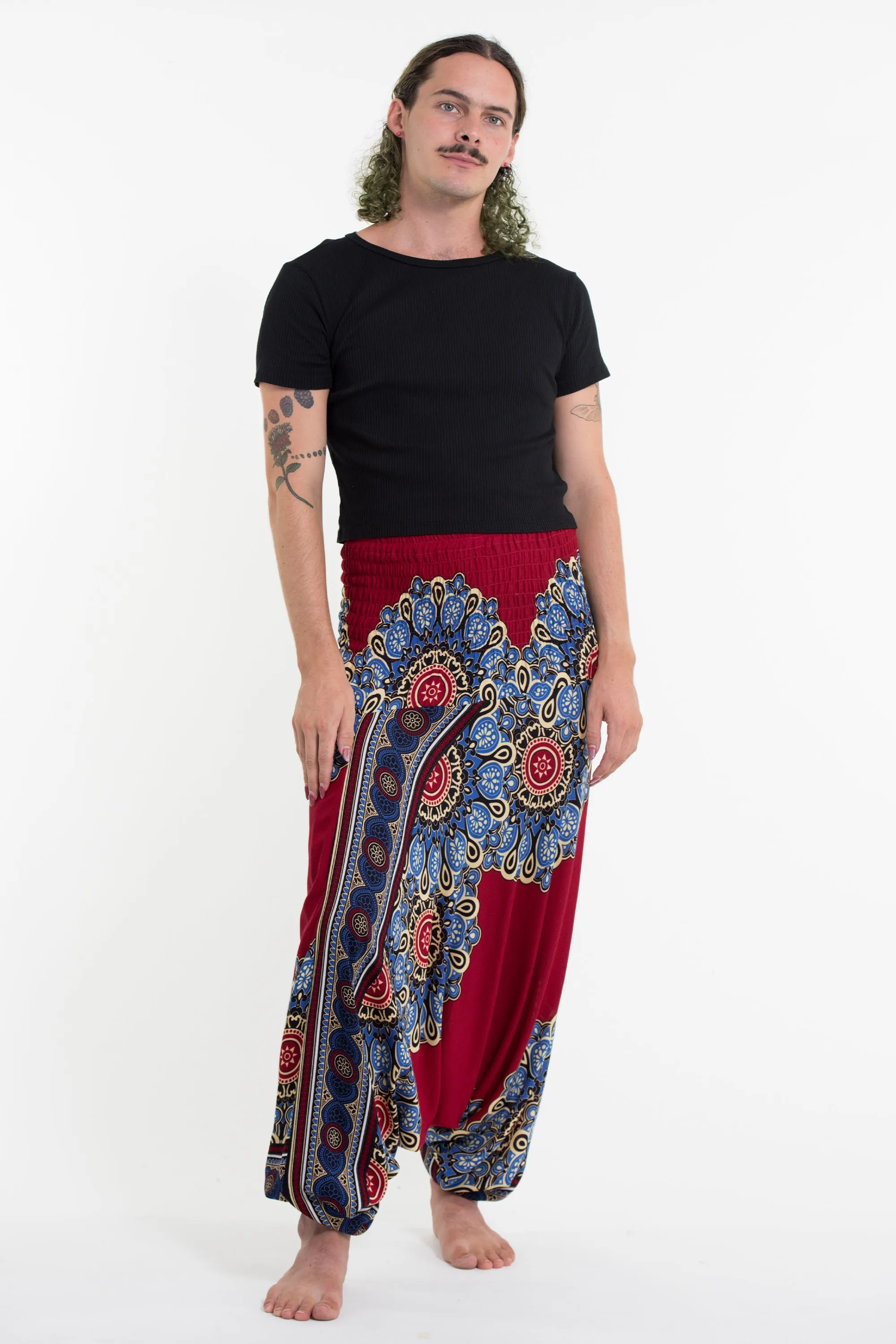 Peony Mandalas Drop Crotch Men's Harem Pants in Red