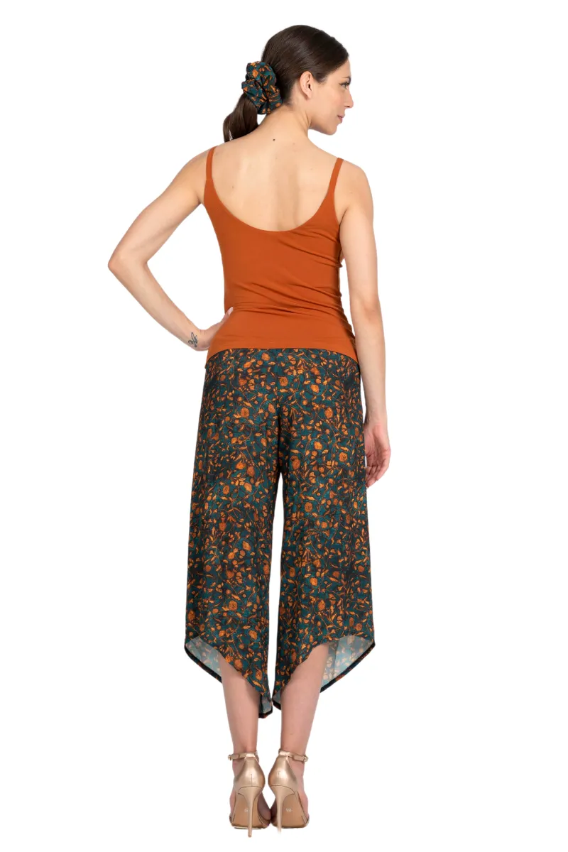 Petrol Vintage Floral Asymmetric Cropped Pants