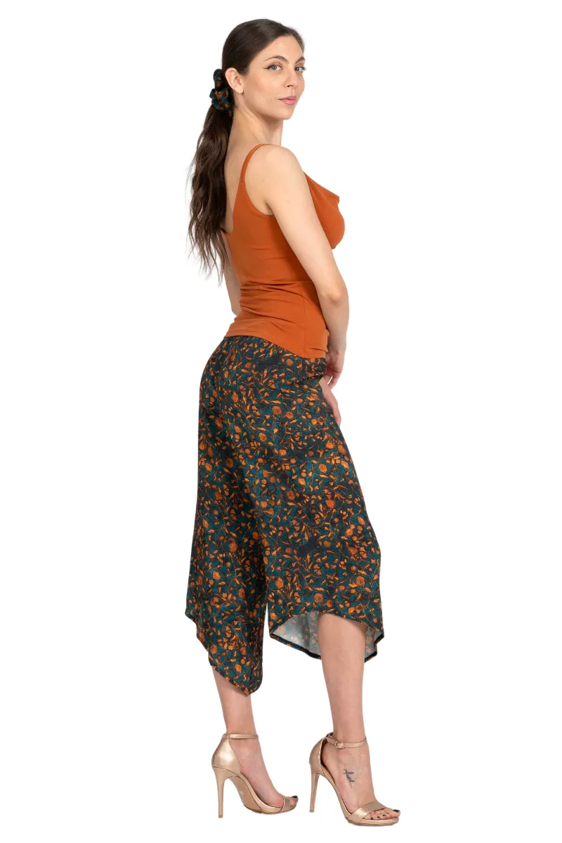 Petrol Vintage Floral Asymmetric Cropped Pants