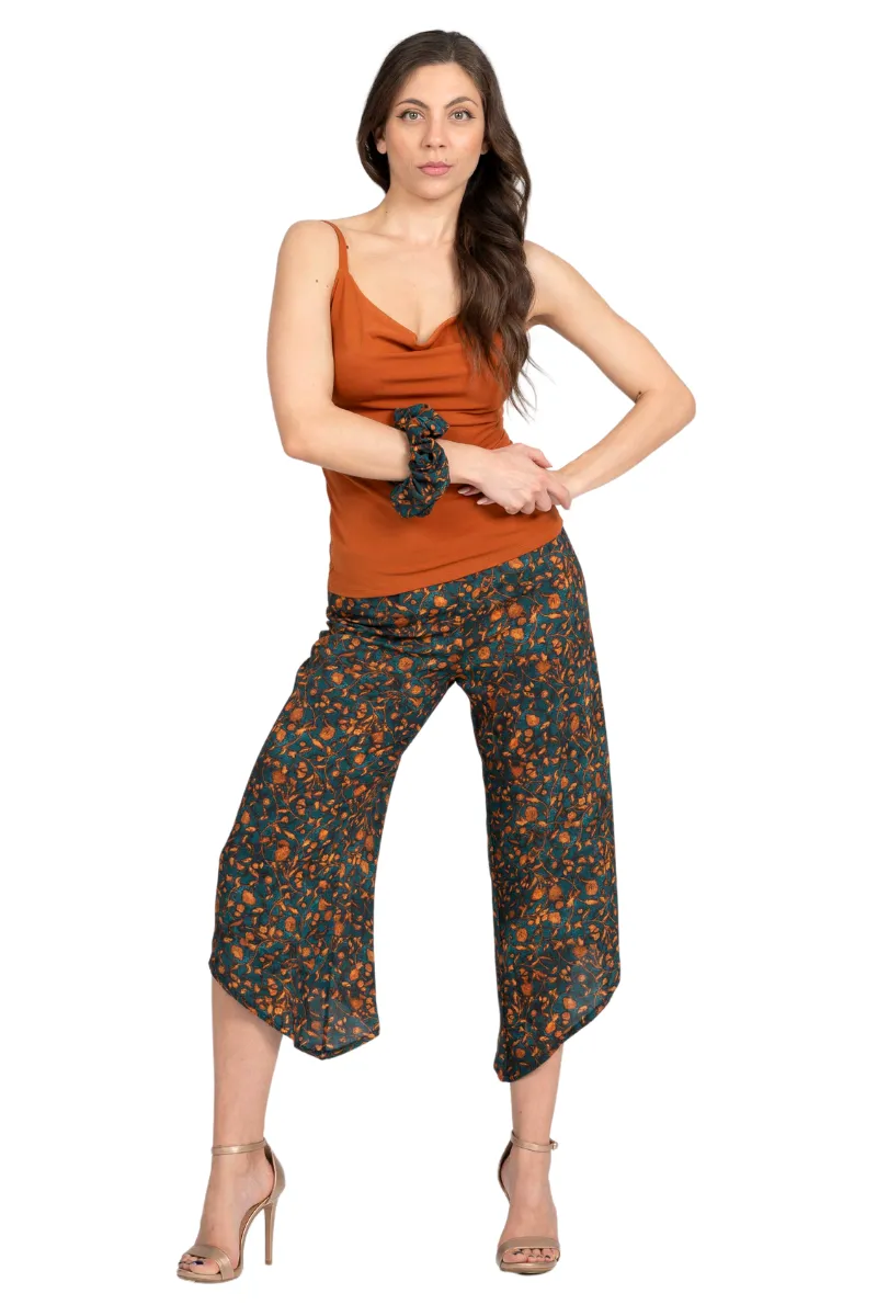 Petrol Vintage Floral Asymmetric Cropped Pants
