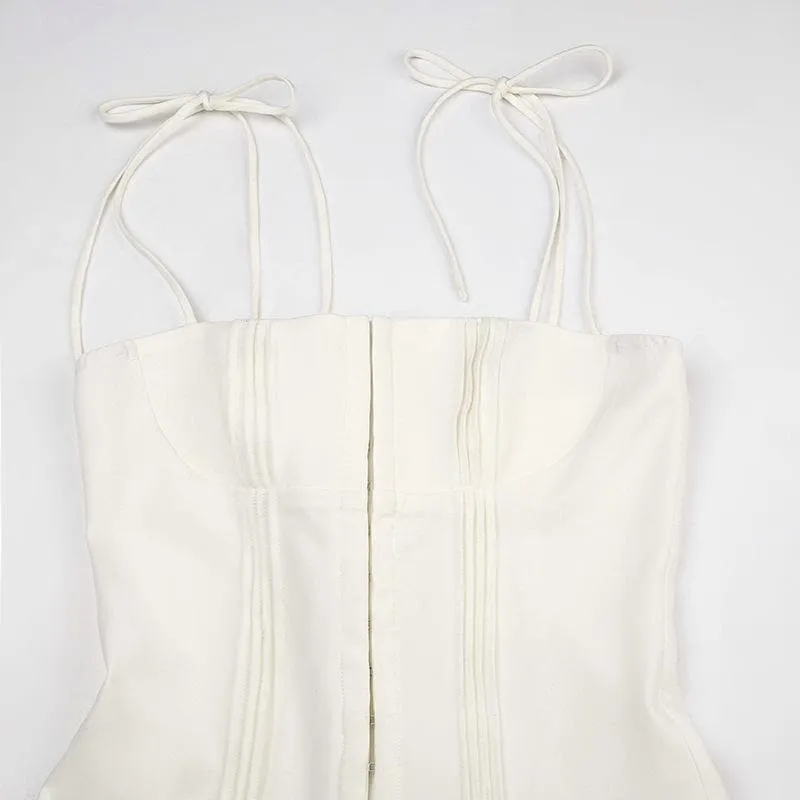 Pleated solid corset button self tie zip-up mini dress