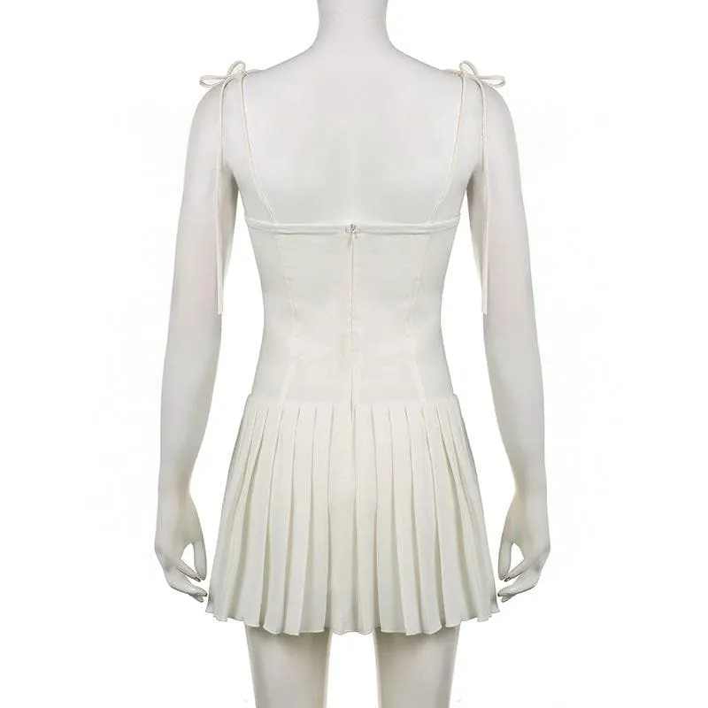 Pleated solid corset button self tie zip-up mini dress