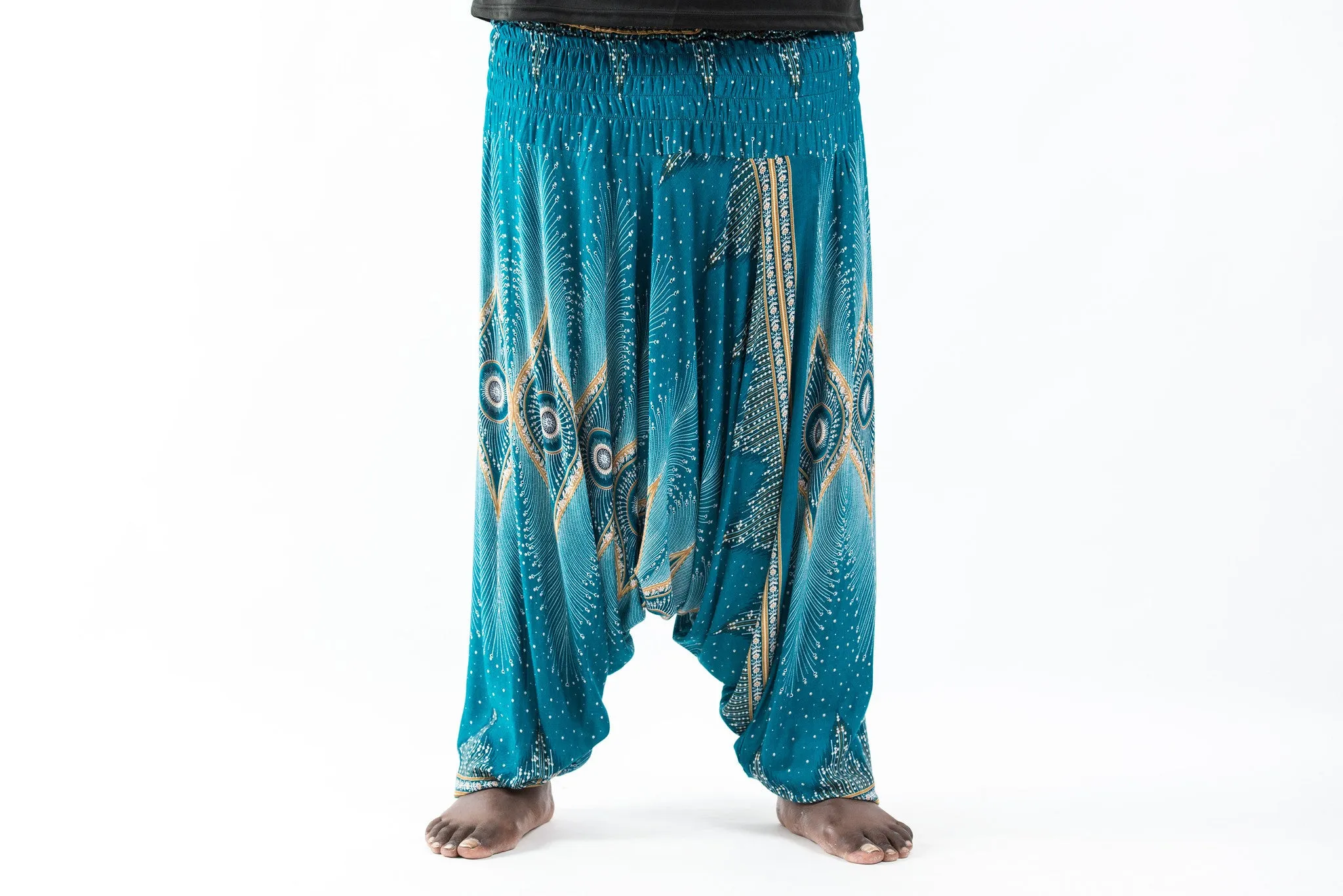 Plus Size Diamond Peacock Drop Crotch Men's Harem Pants in Turquoise