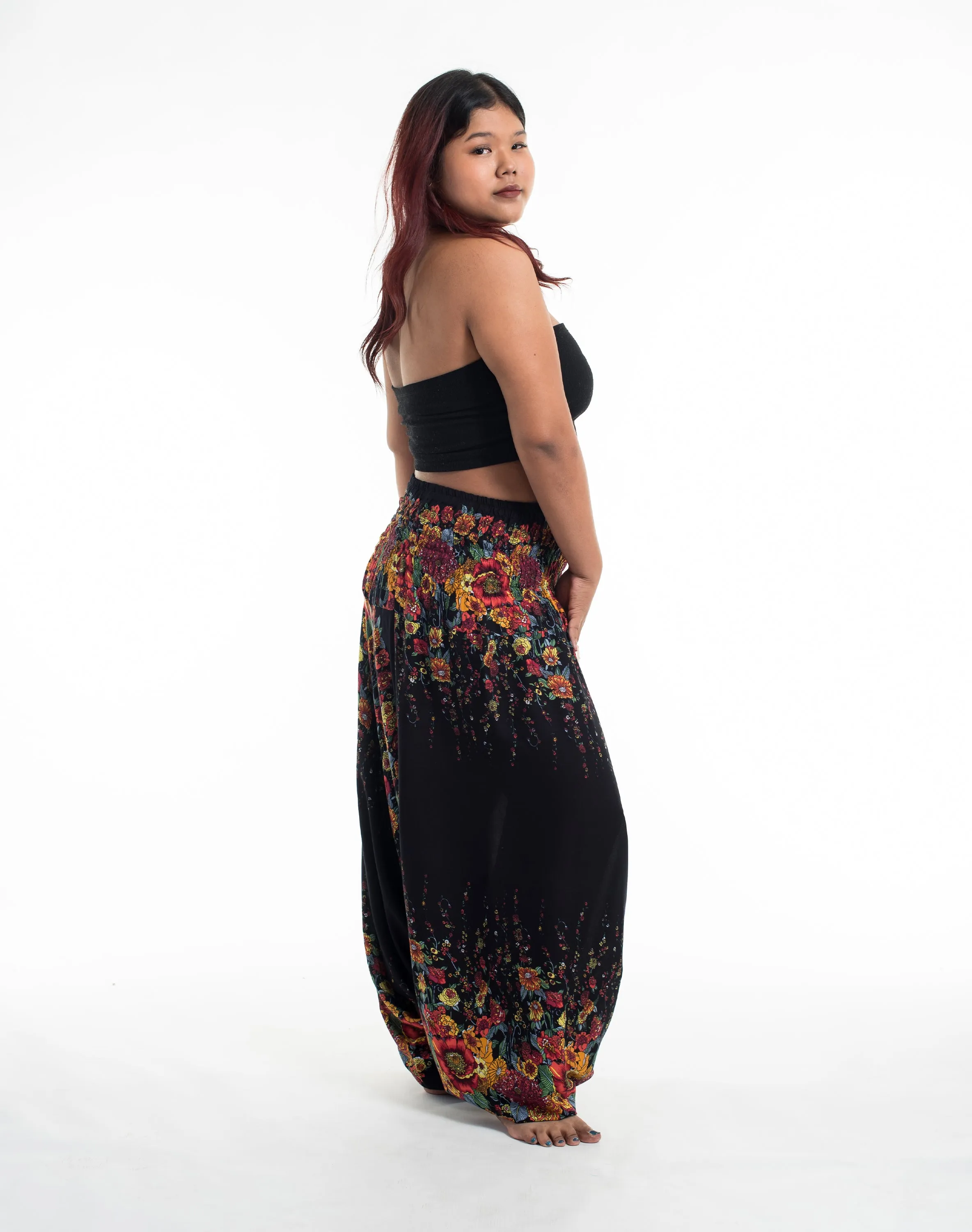 Plus Size Floral 2-in-1 Jumpsuit Harem Pants in Black