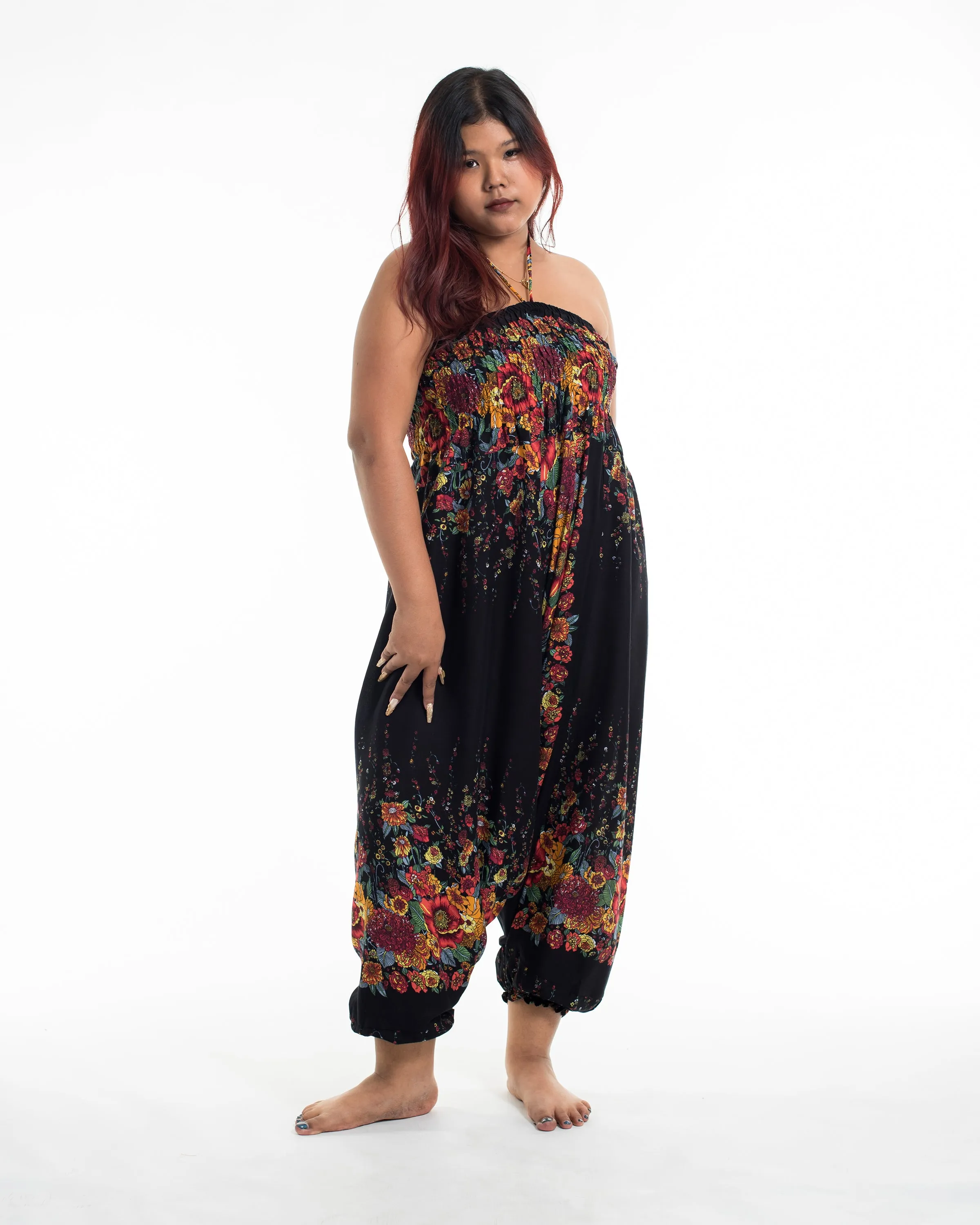 Plus Size Floral 2-in-1 Jumpsuit Harem Pants in Black