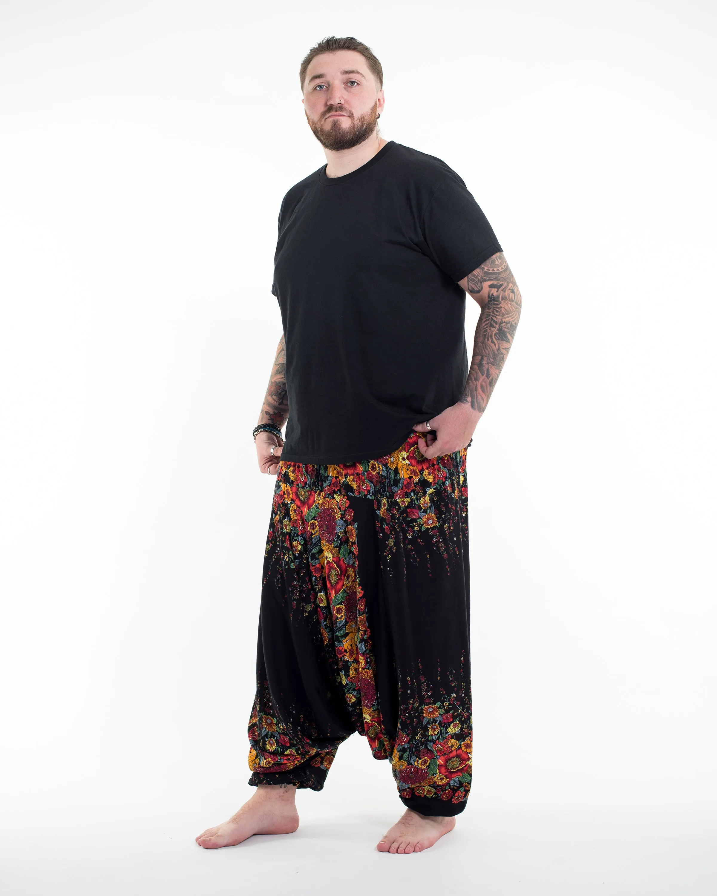 Plus Size Floral Drop Crotch Men's Harem Pants in Black