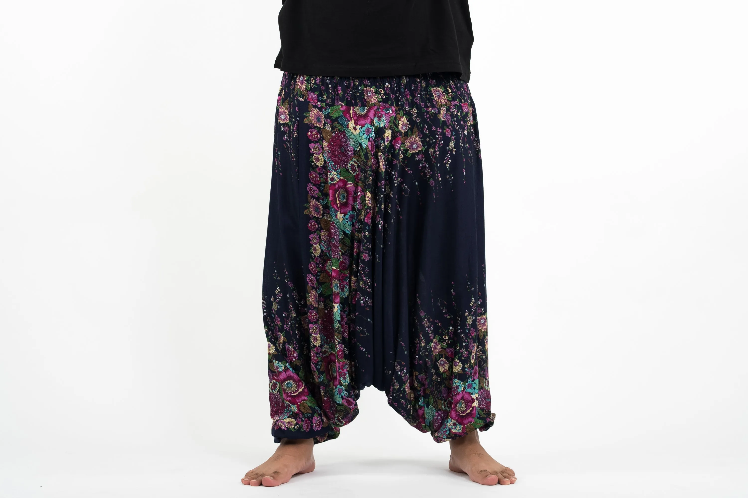 Plus Size Floral Drop Crotch Men's Harem Pants in Blue