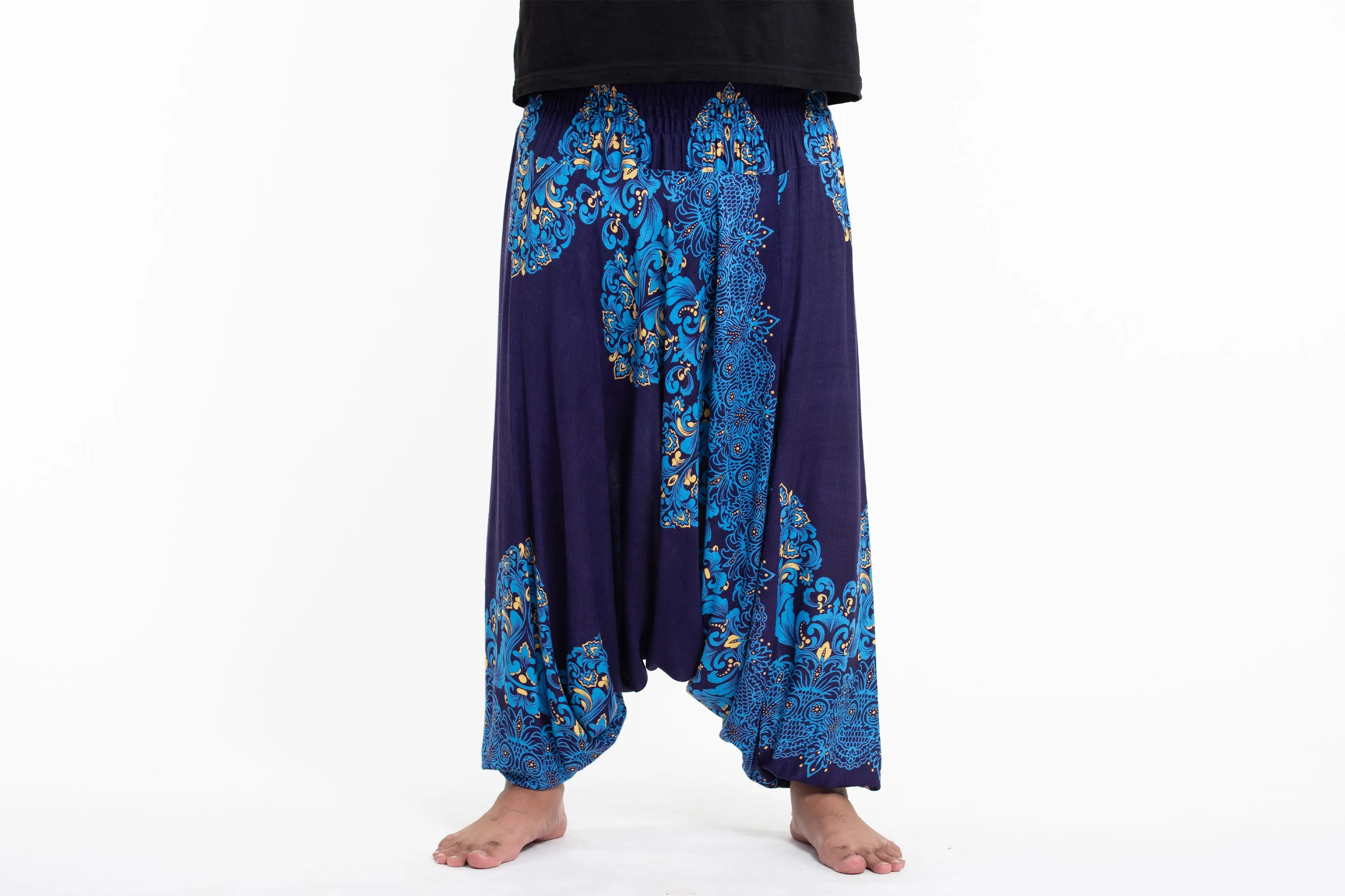 Plus Size Floral Vines Drop Crotch Men's Harem Pants in Blue