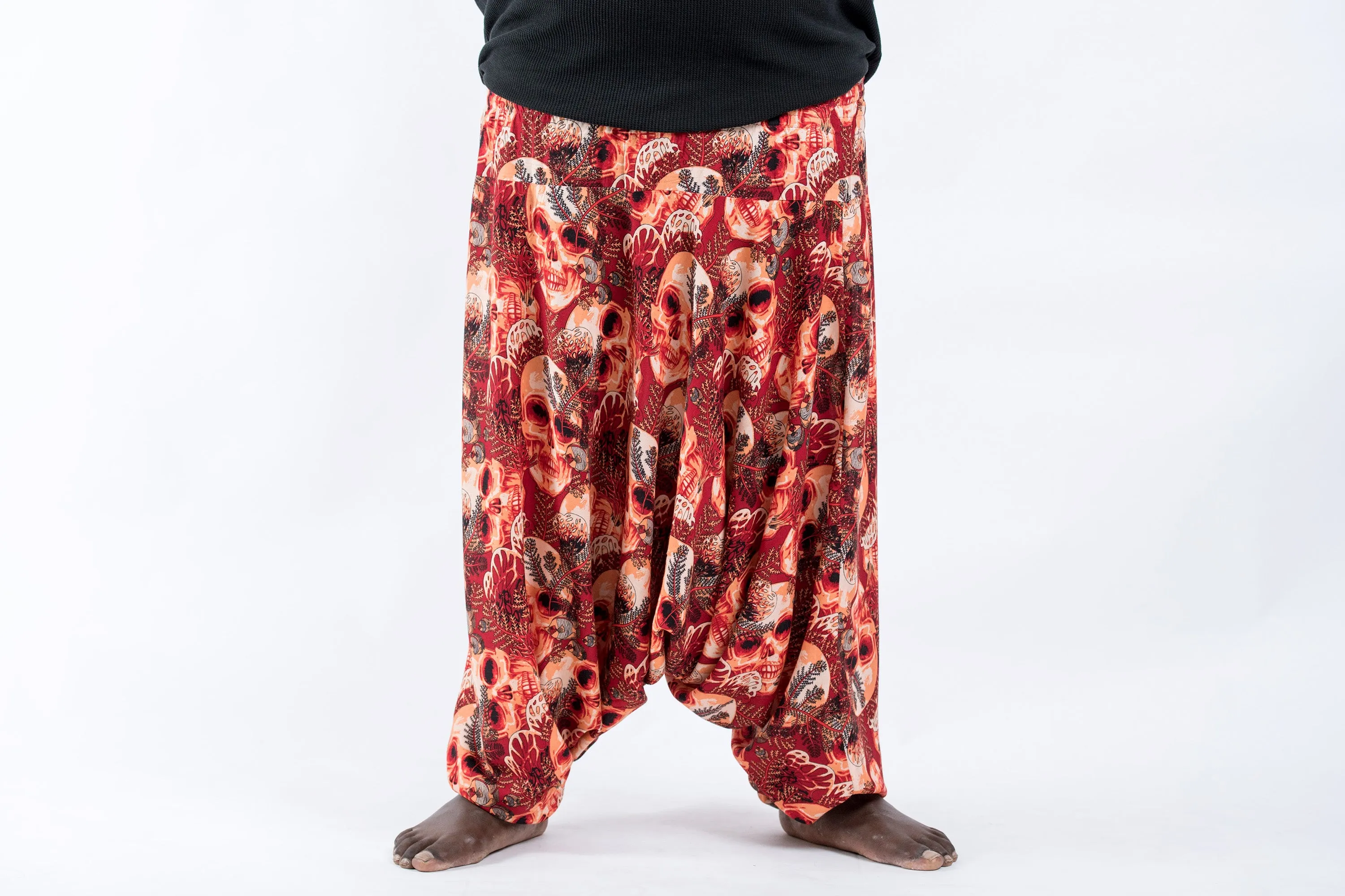 Plus Size Skulls Drop Crotch Men's Harem Pants in Red