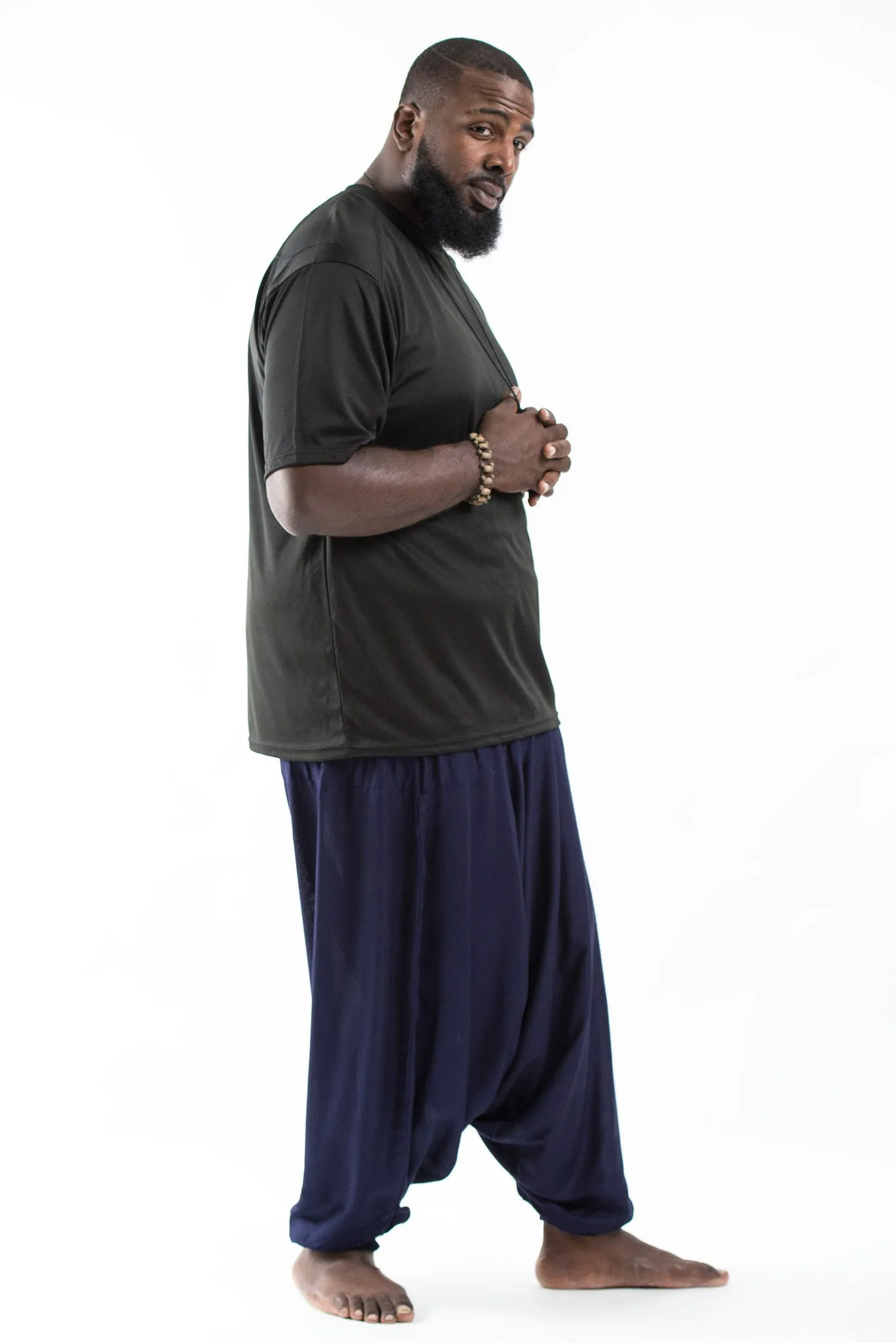 Plus Size Solid Color Drop Crotch Men's Harem Pants in Blue