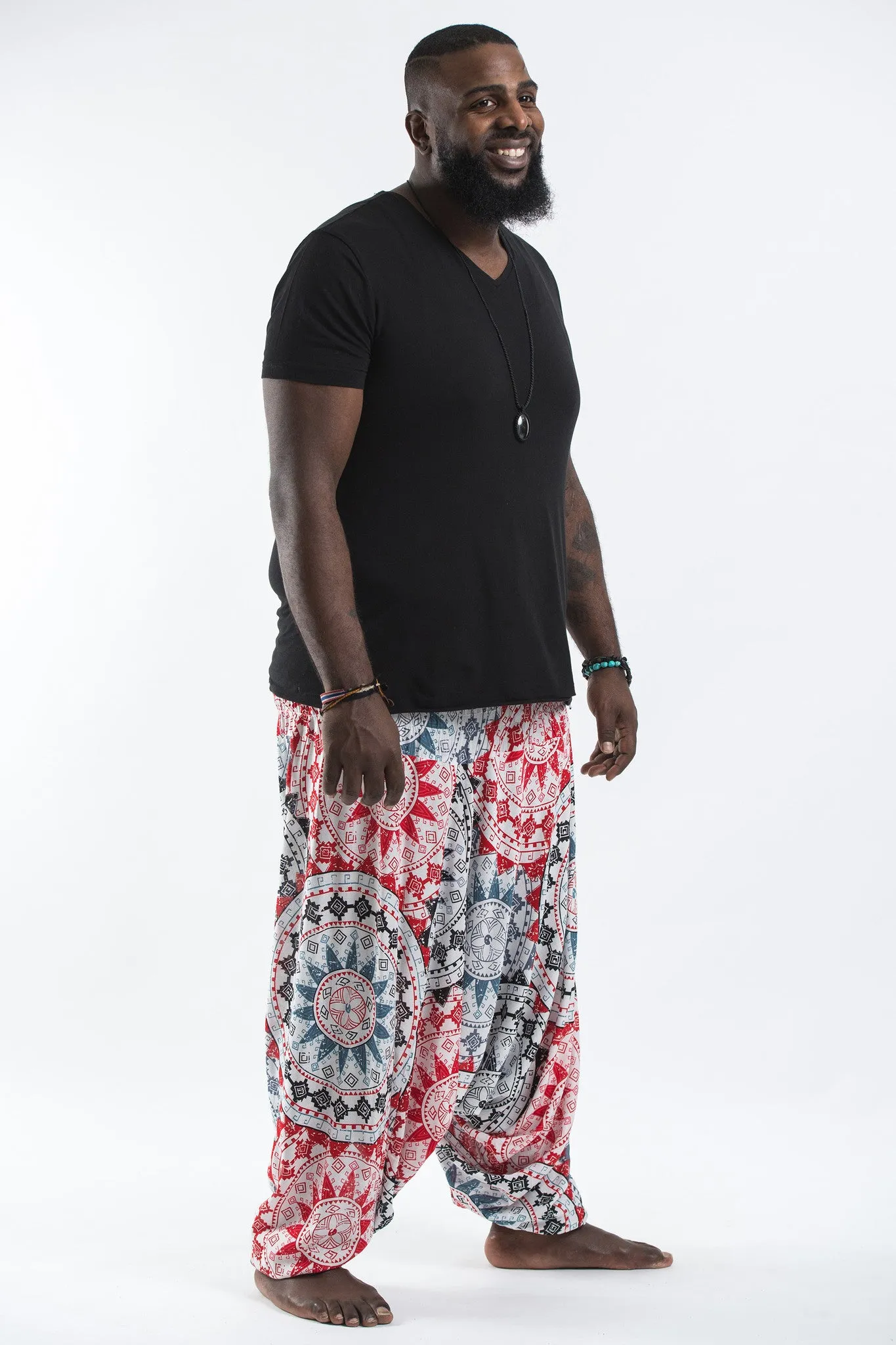 Plus Size Star Mandalas Drop Crotch Men's Harem Pants in Black Red