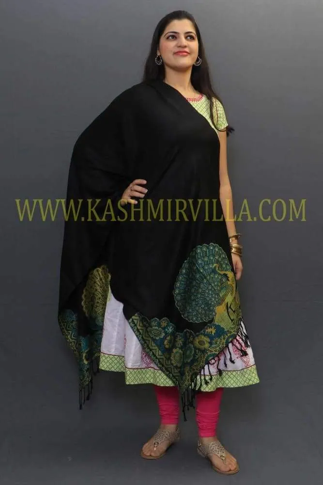 Premium Black Colour Soft Textured Wrap With Peacock Printing On Border Gains The Whole Attention.