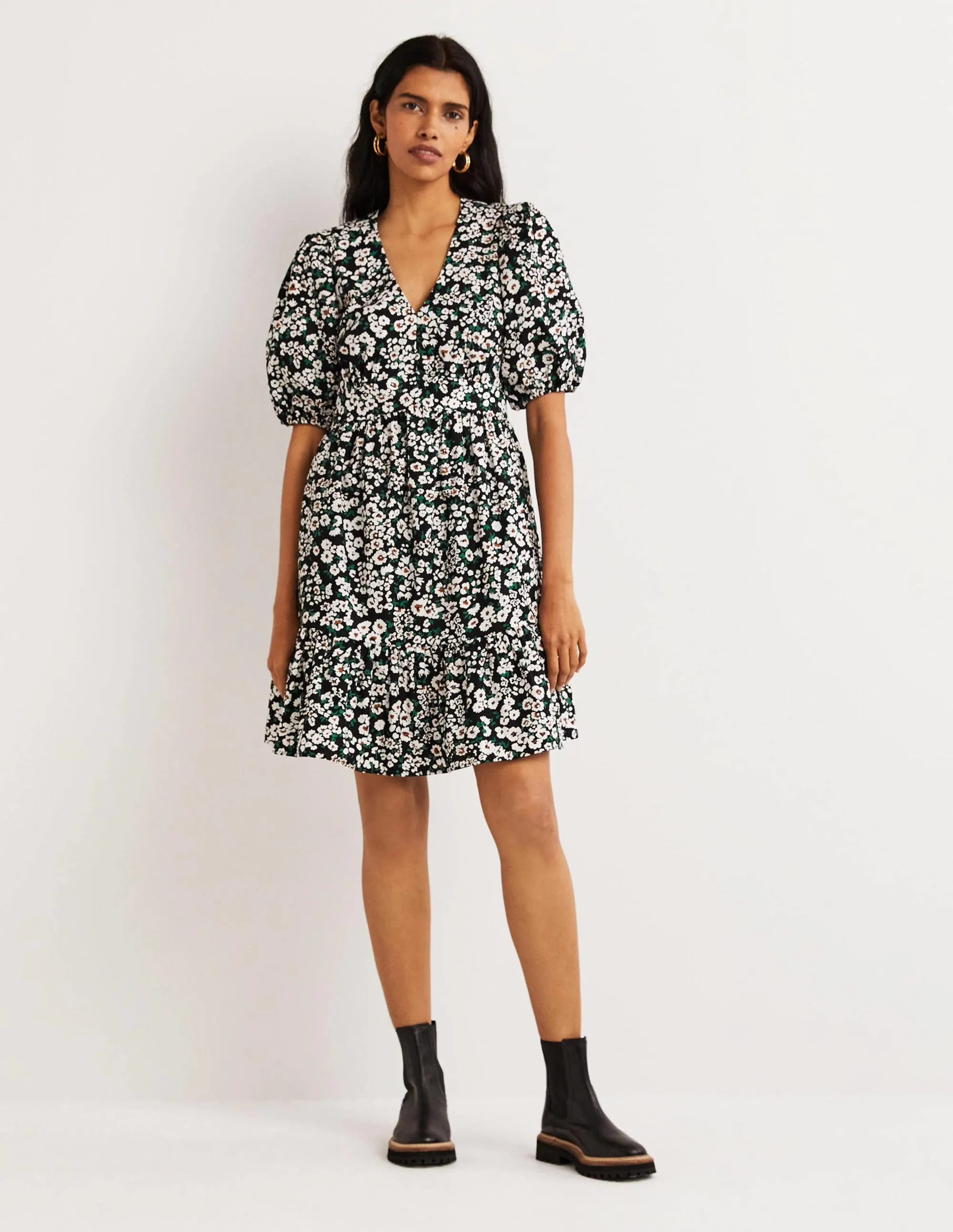 Puff Sleeve Tiered Dress-Black, Heart Bloom