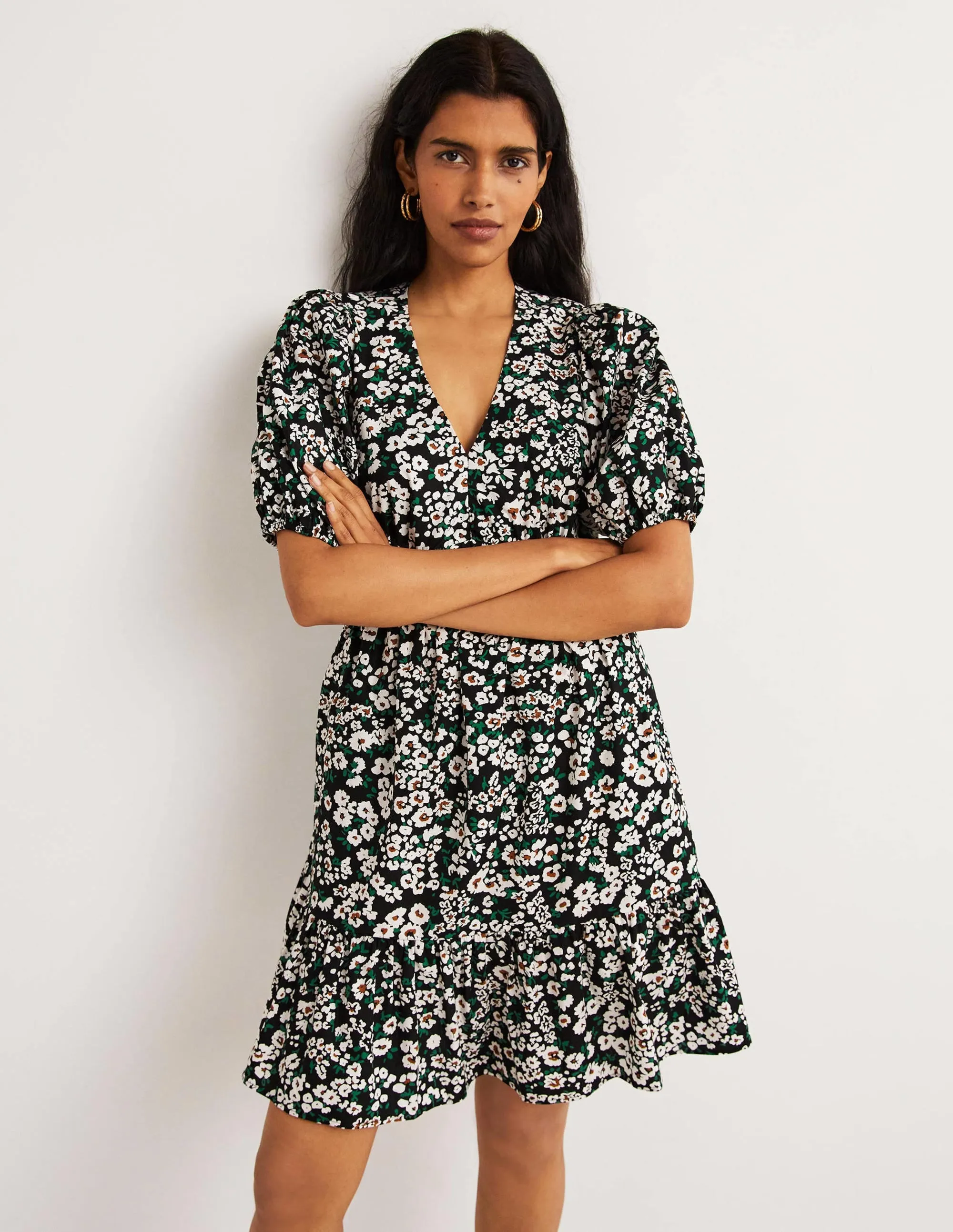 Puff Sleeve Tiered Dress-Black, Heart Bloom