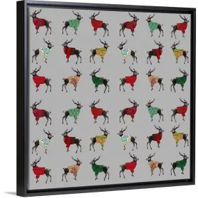 "Deer In Sweaters" Black Float Frame Canvas Art