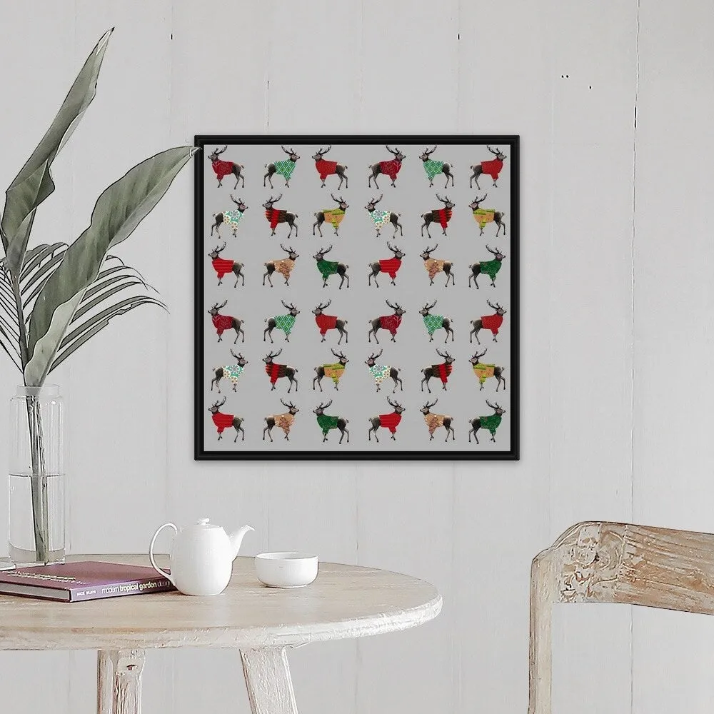 "Deer In Sweaters" Black Float Frame Canvas Art