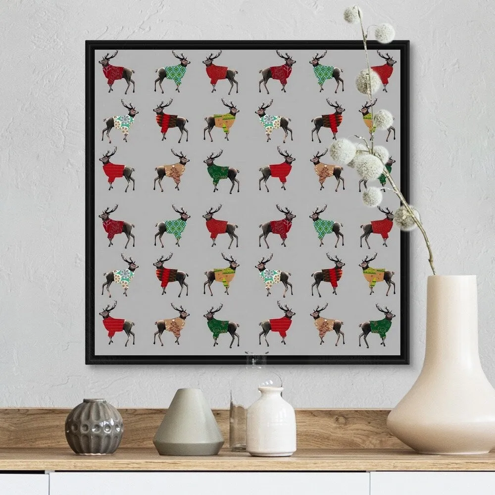 "Deer In Sweaters" Black Float Frame Canvas Art