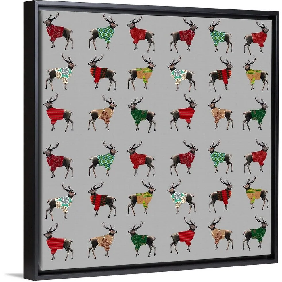 "Deer In Sweaters" Black Float Frame Canvas Art