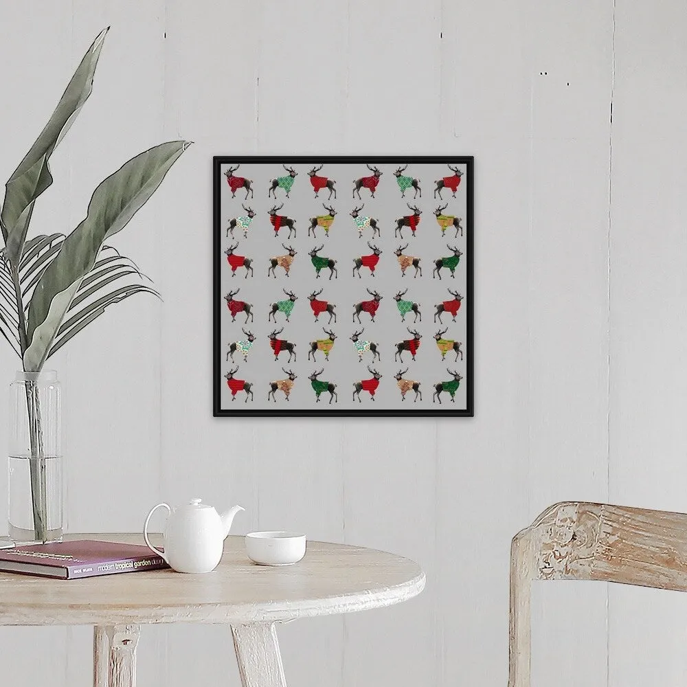 "Deer In Sweaters" Black Float Frame Canvas Art