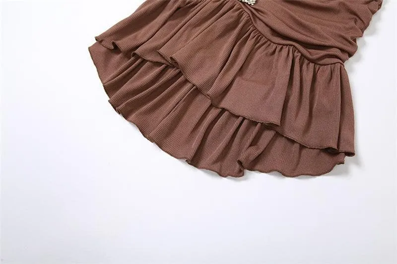 Ribbed buckle ruched ruffle solid backless tube mini dress