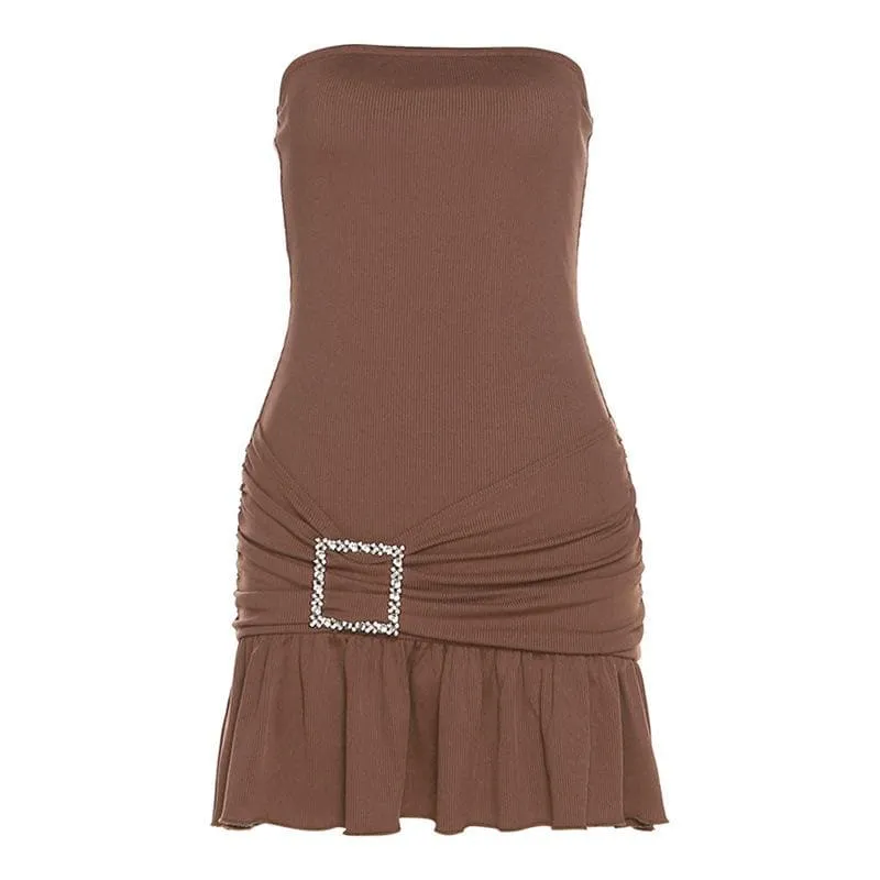Ribbed buckle ruched ruffle solid backless tube mini dress