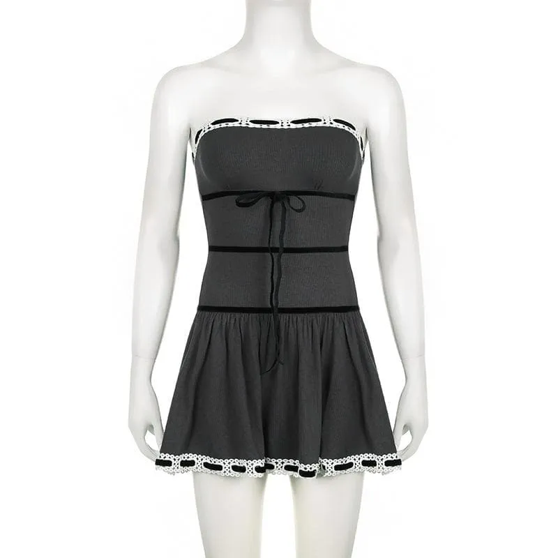 Ribbed lace hem contrast ruched backless tube mini dress