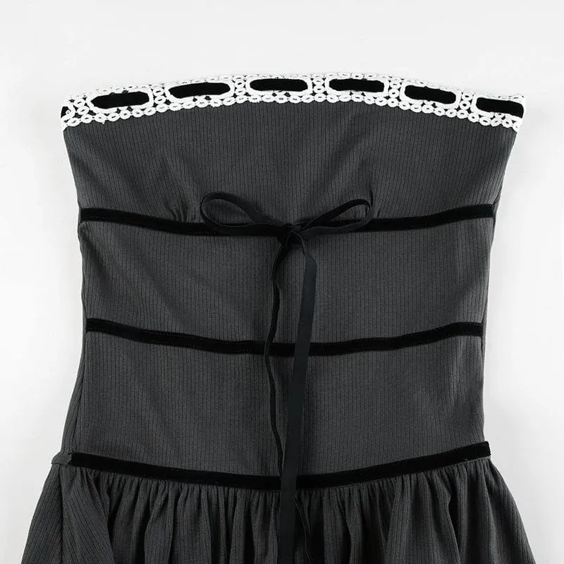 Ribbed lace hem contrast ruched backless tube mini dress
